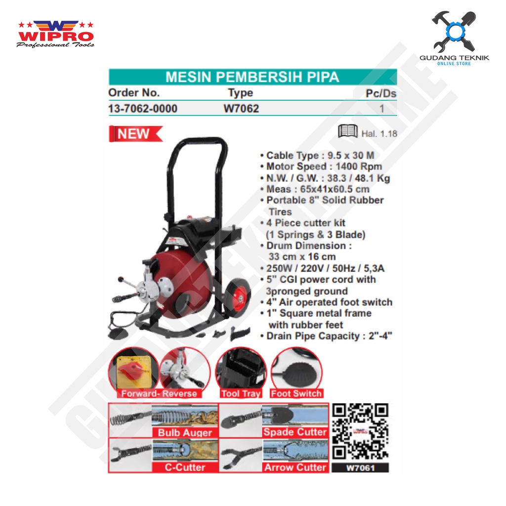 Mesin Pembersih Pipa Listrik WIPRO WP7062 / Electric Drain Cleaner Pembersih Saluran Air Macet WIPRO WP 7062 - WP-7062 WIPRO