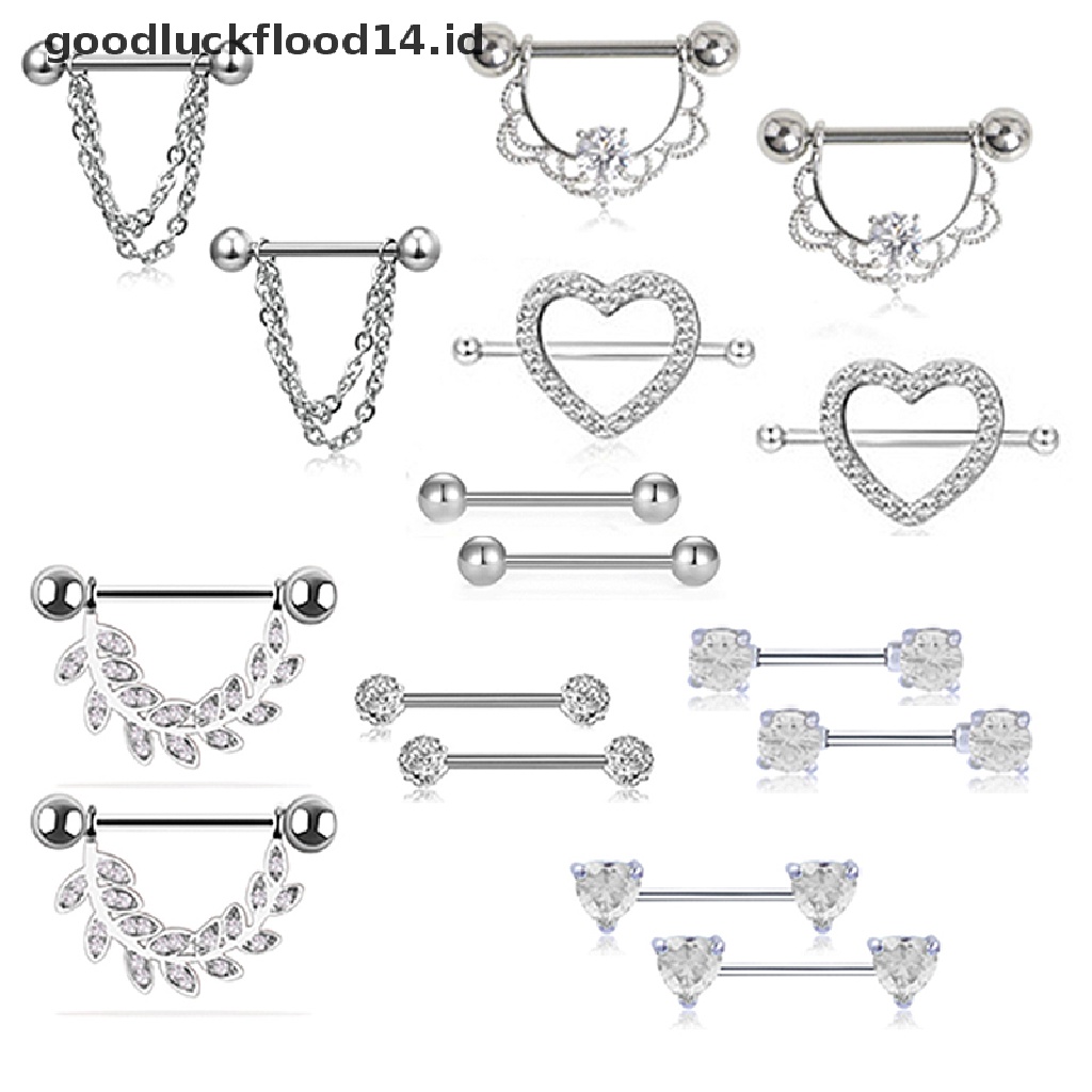 [OOID] 16Pcs/Set Bar Ring Stainless Steel Crystal Nipple Rings Body Piercing Jewelry ID