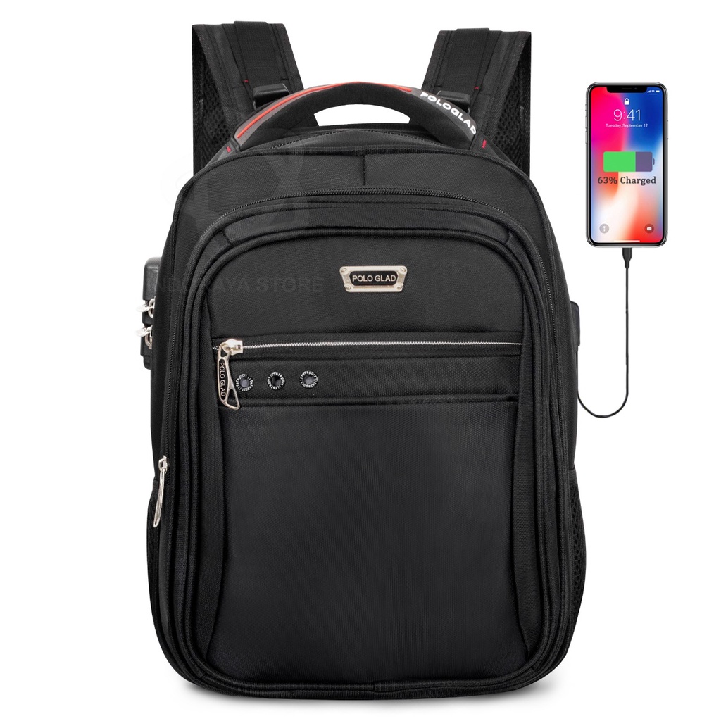 POLO GLAD Tas Ransel Sekolah 16 inc Original Backpack Pria Wanita Key Lock FREE USB Port Tas Laptop Ransel Import-Oriblack D