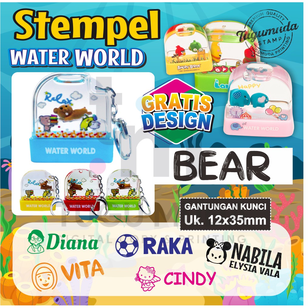 Stempel Lucu Nama Anak/Buku/Dokter/Perawat/Suster/Sekolah/NIP- Stamp Ganci Water World-BEAR