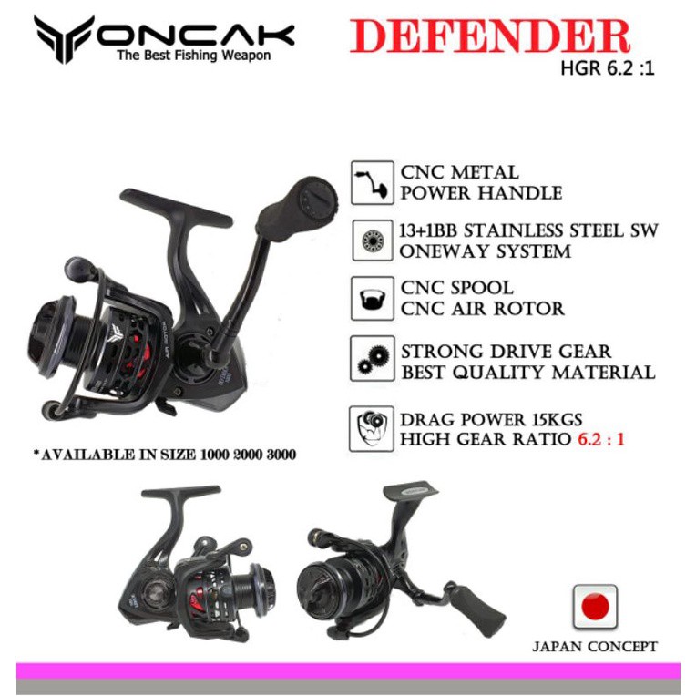 Reel Oncak Defender Power Handle SW 13+1 Bearing 15 Kg One Way Spinning Ril Pancing 1000 2000 3000