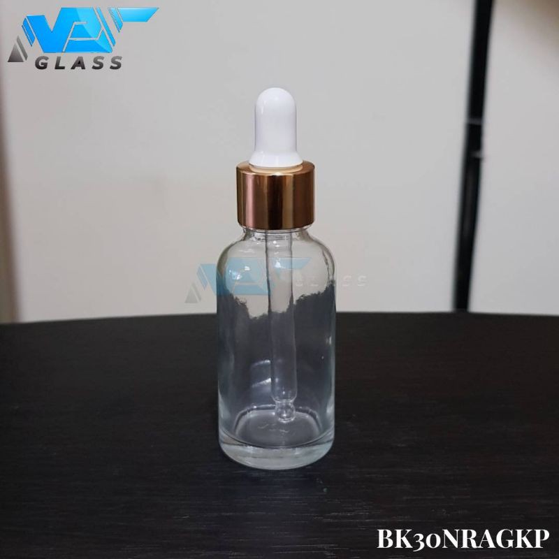 botol kaca pipet 30ml bening tebal - ring almunium gold