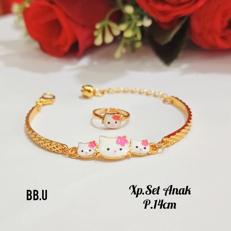 Gelang free cincin,motif Patah Plat Karakter kepala tiga hello Kitty Gold,tidak karat COD