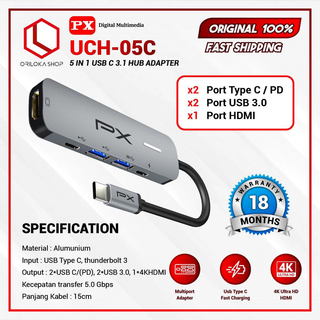 PX UCH05C 5 in 1 Type C to HDMI Hub Converter USB 3.0 4K HDMI - Garansi Resmi PX