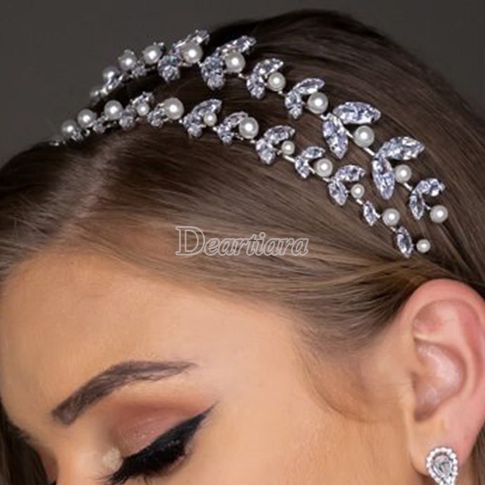 Headband Bentuk Daun Aksen Mutiara Bahan Zircon Gaya Eropa Amerika Untuk Aksesoris Pernikahan