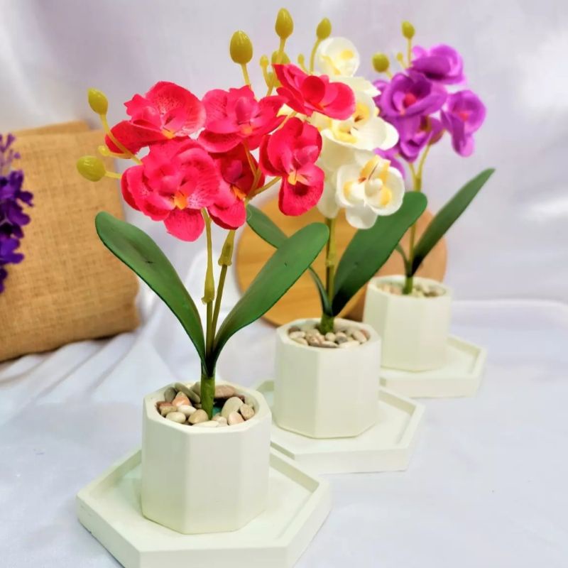 [ PROMO TERMURAH ] Bunga Anggrek Artificial Termasuk Pot & Tatakan - Dekorasi Ruang Tamu - Bunga Plastik Import Grosir Murah