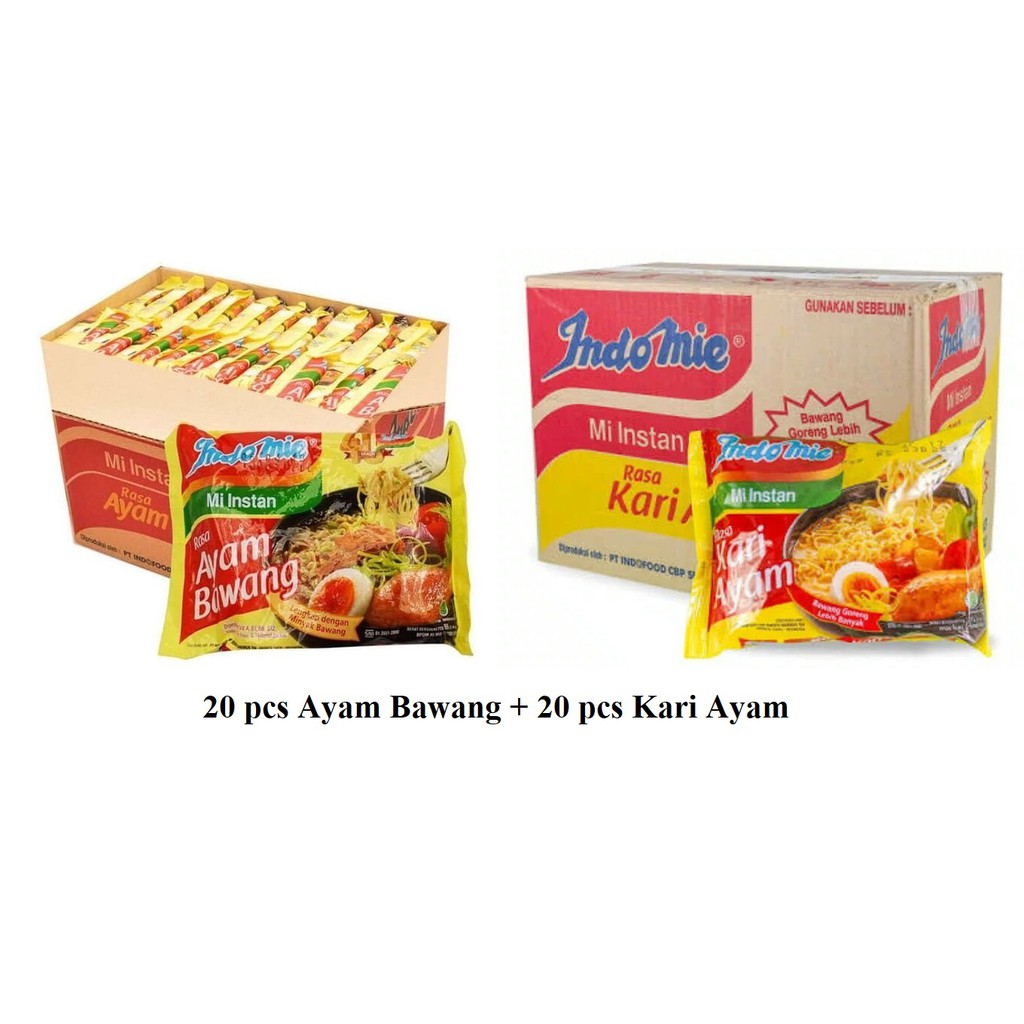 

Indomie 20 pcs Ayam Bawang & 20 pcs Kari Ayam