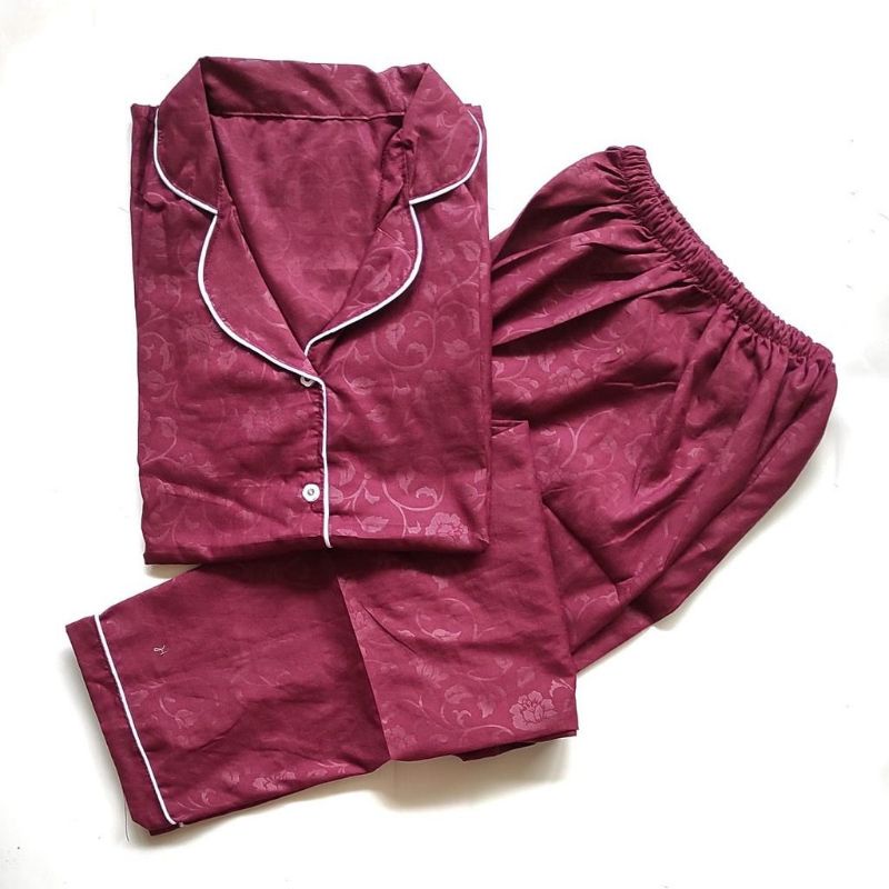 baju tidur piyama dewasa LENGAN PANJANG L muat bb 55 kg setelan piyama baju tidur-Embos maron ppl