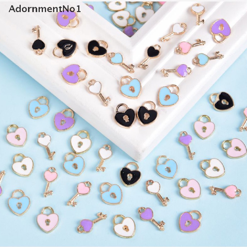 (AdornmentNo1) 10pcs / Set Liontin Enamel Alloy Bentuk Kunci + Hati Untuk DIY Perhiasan