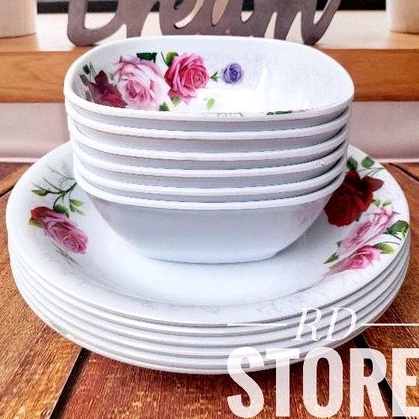 PROMO 12.PCS ISI 6.PIRING MAKAN 6.MANGKOK SAYUR MOTIF ROSE BAHAN MELAMINE WARE TEBAL DAN KUAT