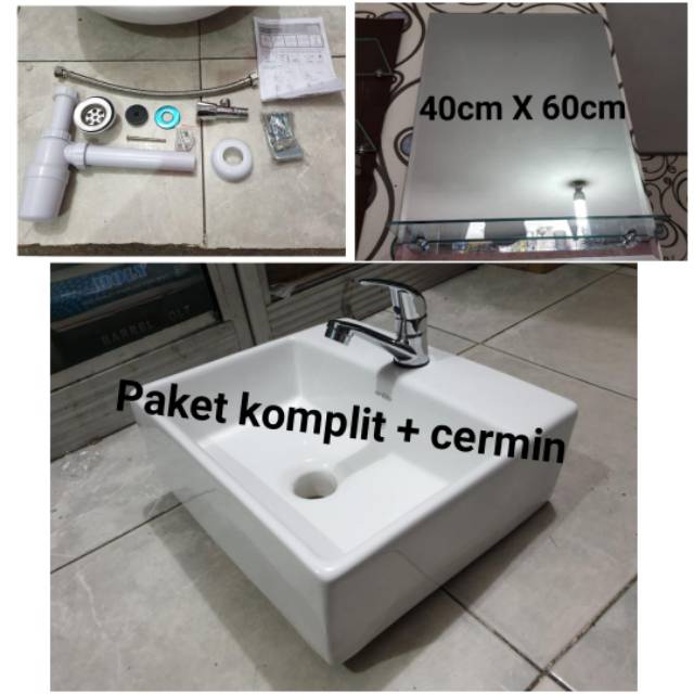 Wastafel keramik kotak JAYCO komplit alat + kaca cermin