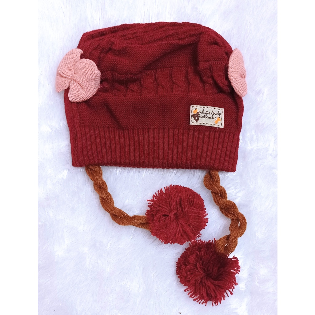 TOPI ANAK BALITA CEWEK MOTIF RAJUT KEPANG PITA