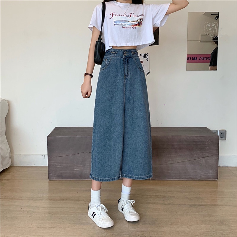 Rok denim split gaya Korea rok a-line wanita berpinggang tinggi sedang untuk menutupi rok pinggul selangkangan