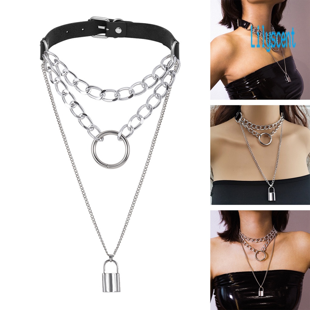 Lily Kalung Choker Multilayer Gaya Punk Bahan Kulit Imitasi Untuk Wanita