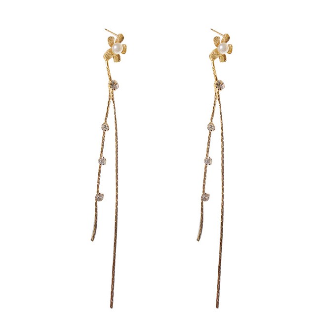 LRC Anting Tusuk Fashion Silver Flower Tassel Pearl Earrings F6213XX