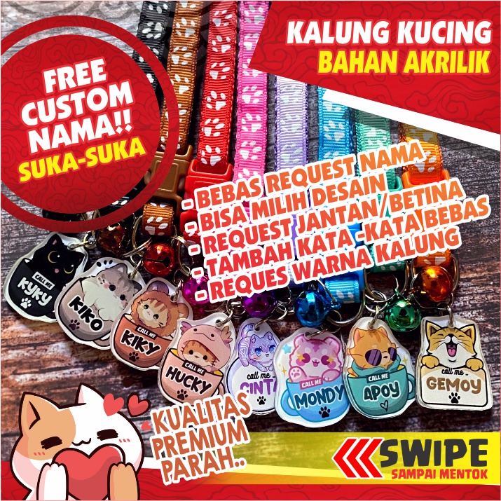 KALUNG KUCING AKRILIK FREE UKIR NAMA CUSTOM 2 SISI liontin bandul gantungan OK aksesoris anti kutu murah tempat makan minum mainan berkualitas eksklusif premium anabul  lonceng kitten tempat tidur grooming  kulit pakan  collar cat pet anjing otter kitty