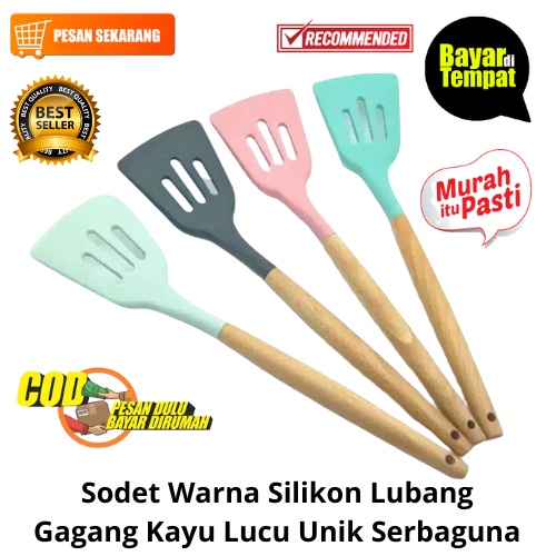 [BISA COD] PROMO Sodet Warna Silikon Lubang Gagang Kayu Lucu Unik Serbaguna Tahan Panas Sodet Masak Sutil Spatula Alat Dapur Murah Terjamin