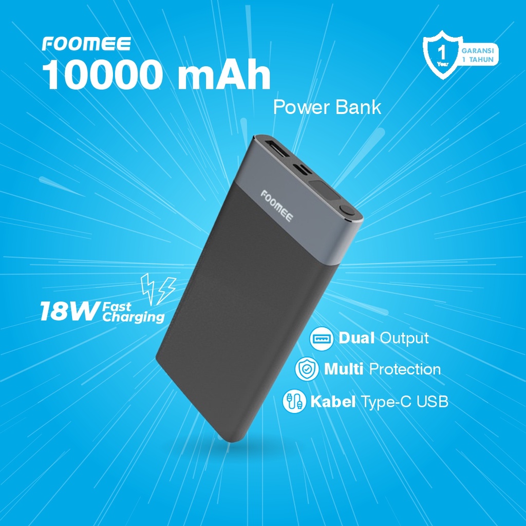 Foomee AN10 Power Bank 10000 mAh Fast Charging 18W Dual Port + Kabel Type C