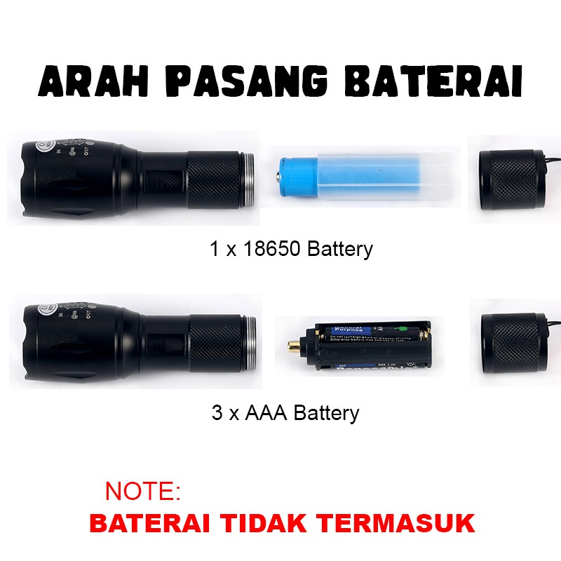 Senter Swat LED Super Terang E17 S Cree XM-L T6 Police Tactical Lampu Camping Terang 3800Lm