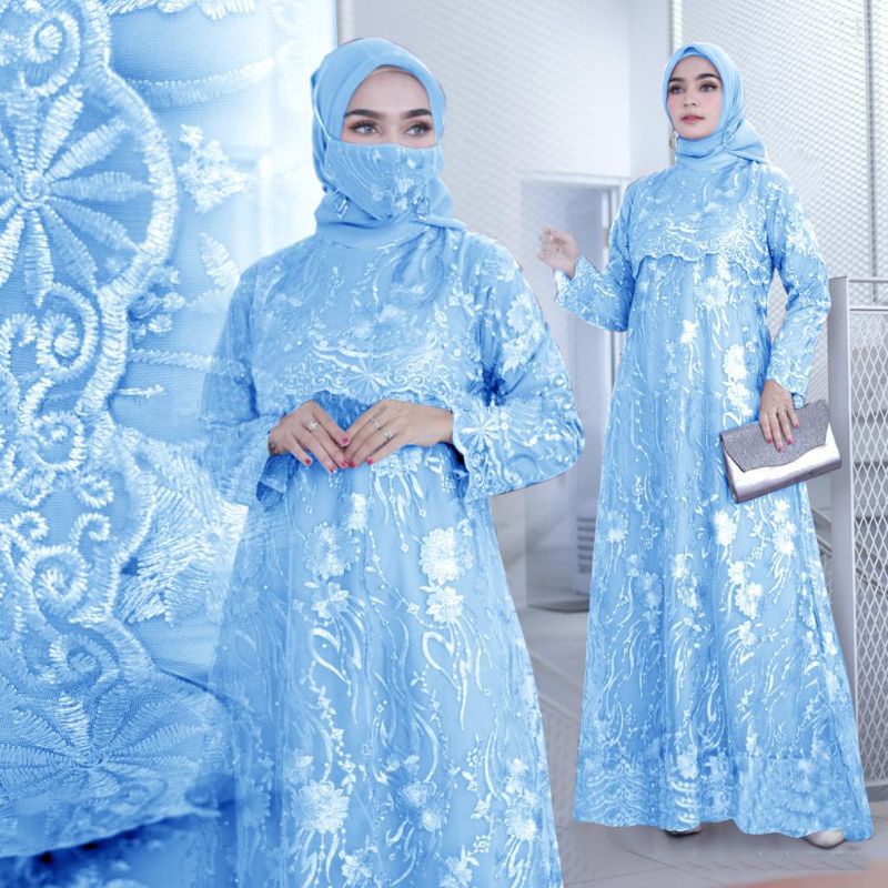 (NEW) SONATA - Baju Gamis Full Brukat Brokat Remaja Wanita Perempuan Ibu Muslim FREE PLUS Masker Ukuran S M L XL XXL XXXL 3XL Jumbo Acara Pesta Kondangan Nikahan Seragaman Bridesmaid Dress Premium Warna BIRU BLUE OCEAN LAUT LANGIT SKY MUDA