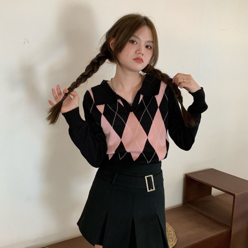 Atasan Crop Top Korea Rajut Wanita Lengan Panjang Sweater Wanita Kotak Kotak  gardigan wanita