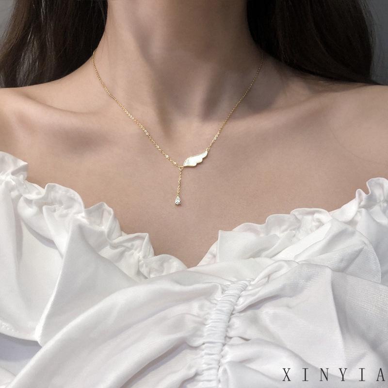 Xia.id Kalung Rantai Clavicle Simple Hias Liontin Sayap Rumbai Untuk Wanita