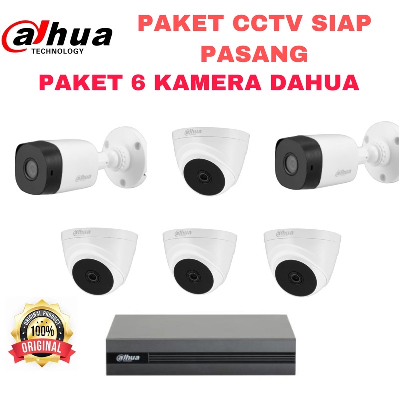 PAKET KAMERA CCTV DAHUA 2MP 6 CAMERA 8 CH CHANNEL 1080p FULL HD KOMPLIT SIAP PASANG 8ch 8channel bisa online di hp 2 mp megapixel MURAH