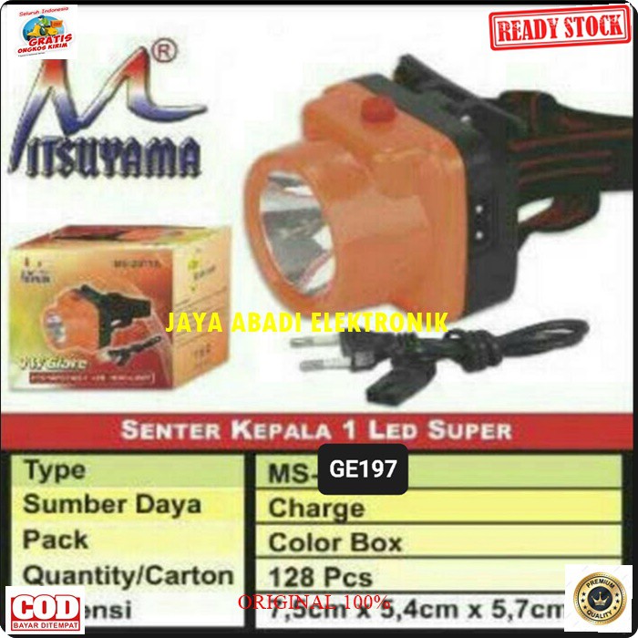 G197 Mitsuyama original headlamp senter kepala pala lampu led lamp cas casan baterai putih sinar cahaya terang charge G197  TAHAN MAXSIMAL 10 JAM  Tersedia warna lampu: - Putih  Senter Kepala Mitsuyama dengan cahaya sangat terang, baterai internal lithium