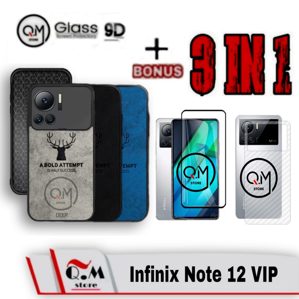 Paket 3 in1 Case Infinix Note 12 VIP Softcase Deer Pelindung Back Cover Bonus Tempered Glass Layar Plus Garskin