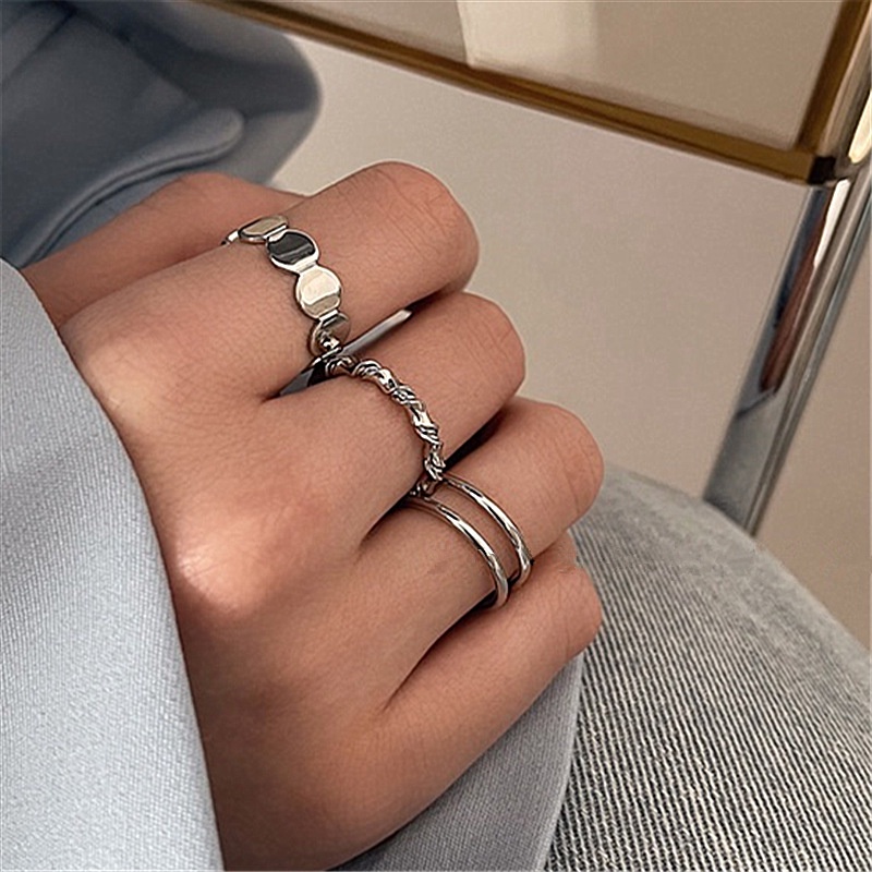 Papaozhu 3 Pcs Chic Perak Geometris Stackable Cincin Set Untuk Wanita Pria Unisex Sederhana Fashion Terbuka Cincin Jari Manset Perhiasan Set