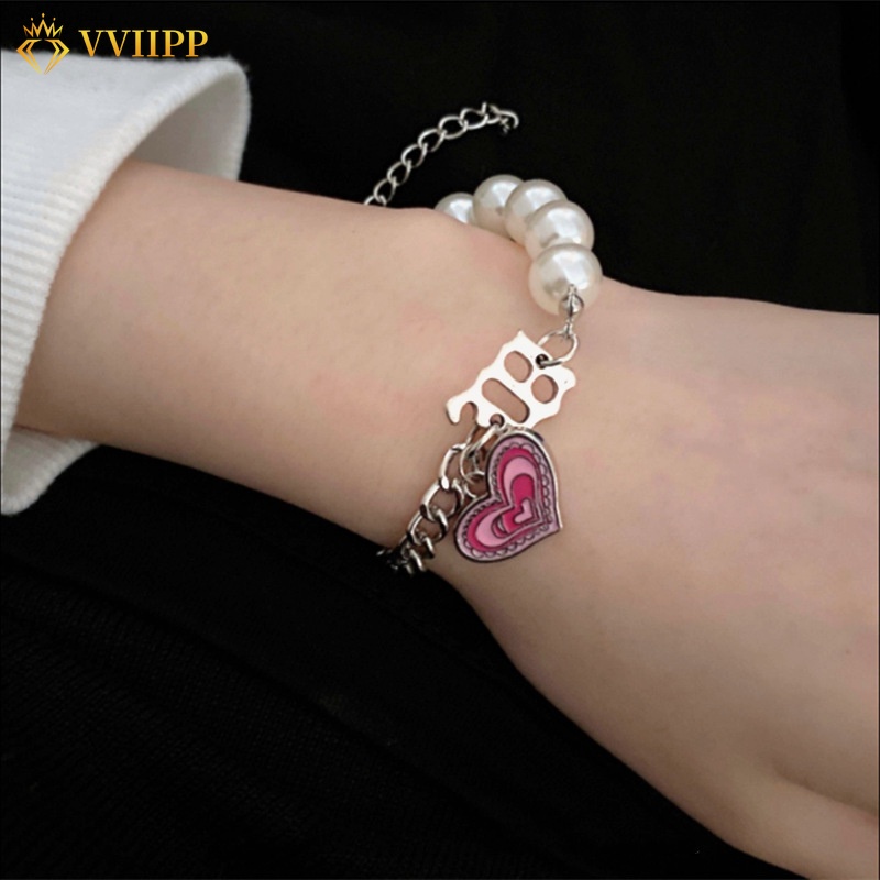 Kalung Dan Gelang Rantai Choker Liontin Hati Warna Pink Aksen Mutiara Untuk Wanita