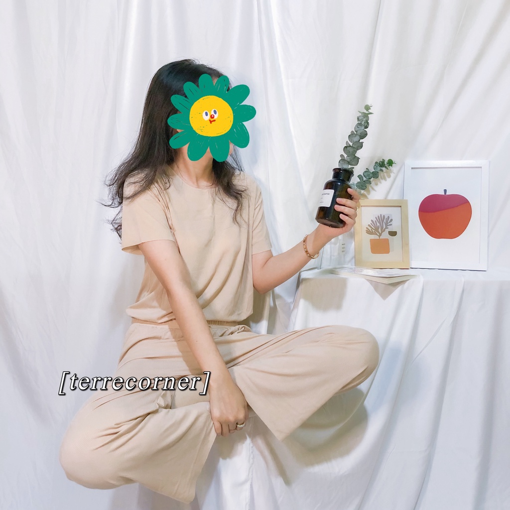 BAJU TIDUR WANITA PIYAMA WANITA PIYAMA PANJANG WANITA BAJU TIDUR PANJANG WANITA BAJU TIDUR PIYAMA PIYAMA LENGAN PENDEK BAJU TIDUR WANITA POLOS THARA LONG SET-Cream