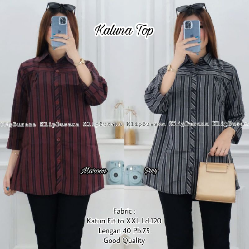 Kemeja Blouse Lengan Panjang Wanita Kaluna KlipBusana - Tunik Kerah Perempuan Motif Salur Lurik - Gi