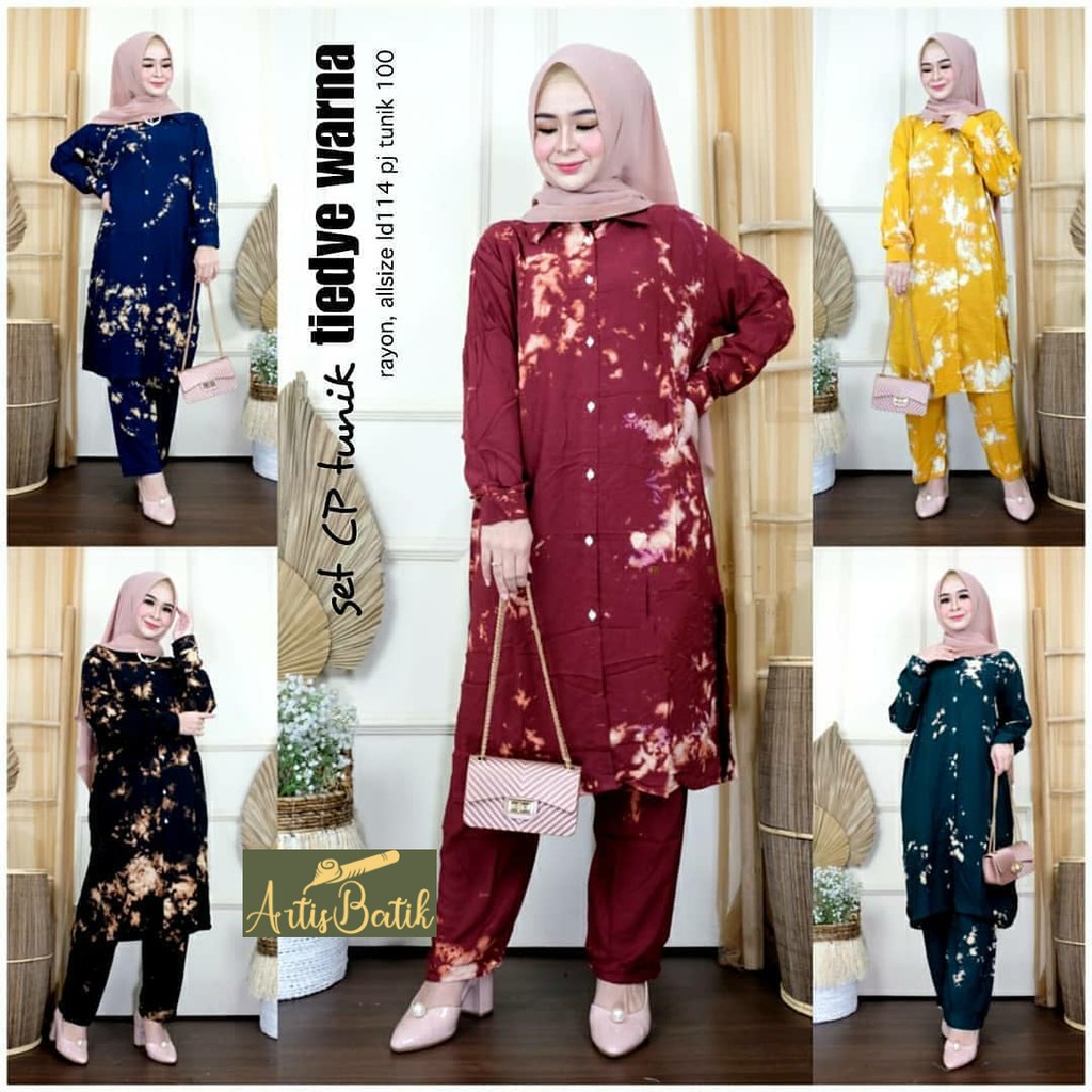 NEW SETELAN CELANA PANJANG SETELAN TIEDYE WARNA SETCEL TUNIK SETELAN CELANA PANJANG SETCEL RAYON SHI