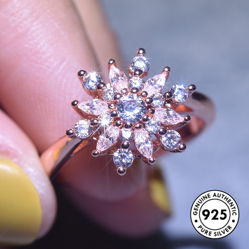 Cincin Desain Snowflake Aksen Berlian Bahan S925 Silver Warna Rose Gold