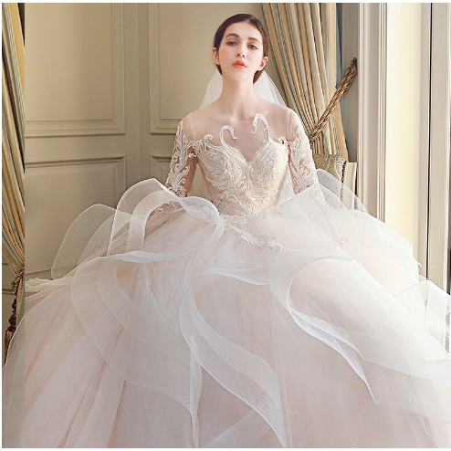 Women's wedding dress lace embroidery O neck plus size bridal Muslim wedding gown