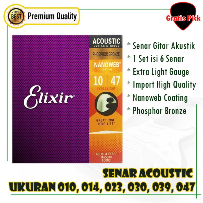 Senar Gitar Akustik Elixir Phosphor Bronze 010-047 Nanoweb Tahan Karat