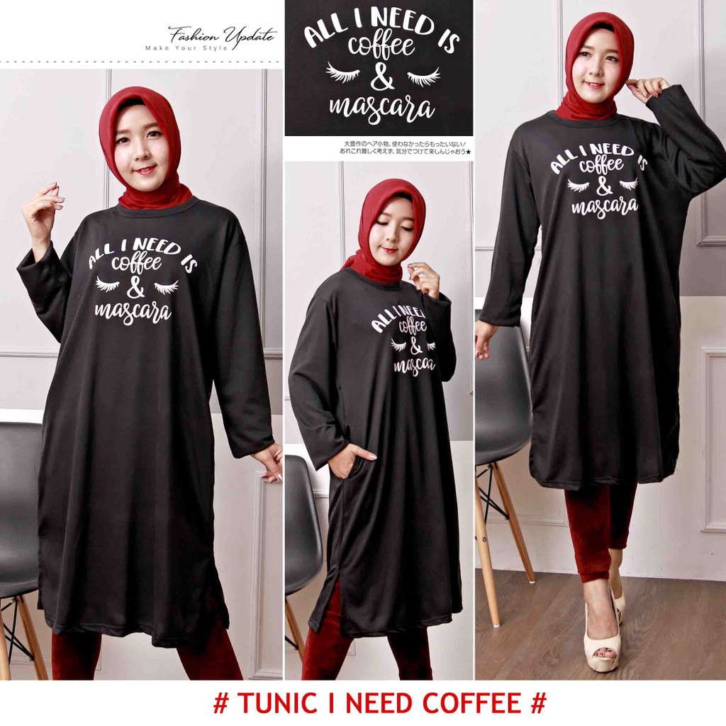 COD TUNIK FASHION MUSLIM I NEED COFFEE XXL LD 110