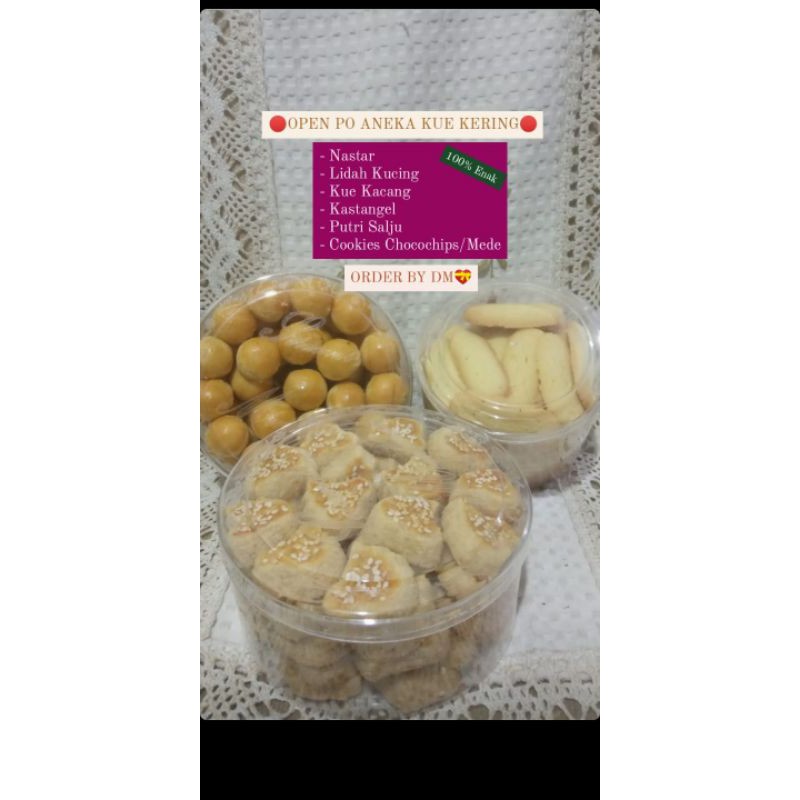 

ANEKA KUE KERING/COOKIES MEDE/NASTAR/CHOCOCHIPS/KUE LIDAH KUCING/KASTANGEL/KUE KACANG/PUTRI SALJU