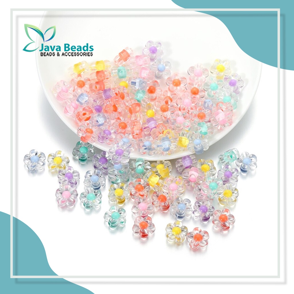 20 Pcs Manik Manik Mote Bunga Clear Inside Colour Beads