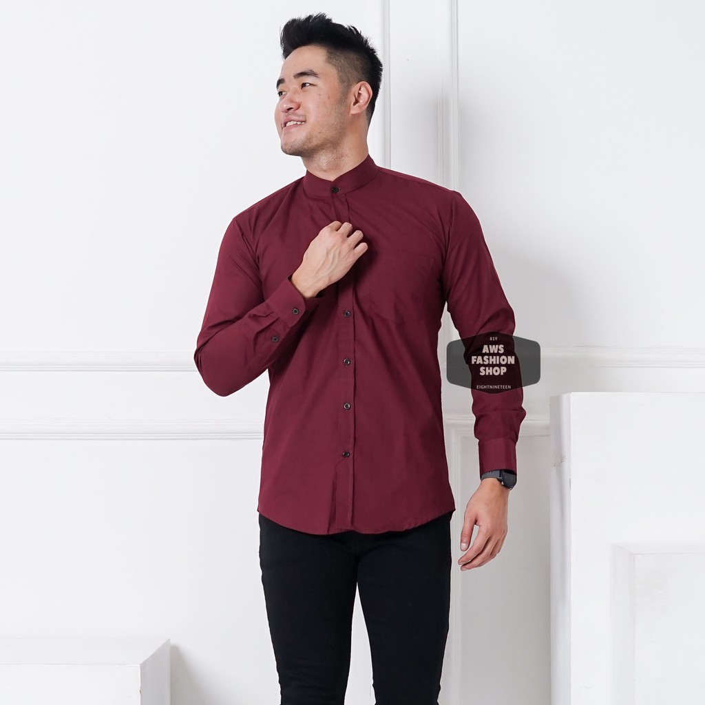 Kemeja Pria Lengan Panjang Polos Merah Maroon Kerah Shanghai Slimfit Casual Kerah Koko