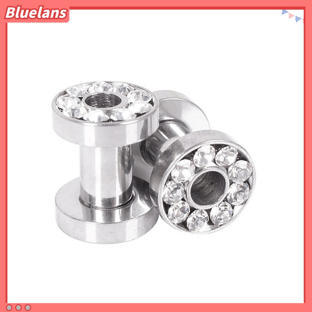 Bluelans 1 Pasang Ear Plug Tunnels Bahan Stainless Steel Aksen Berlian Imitasi