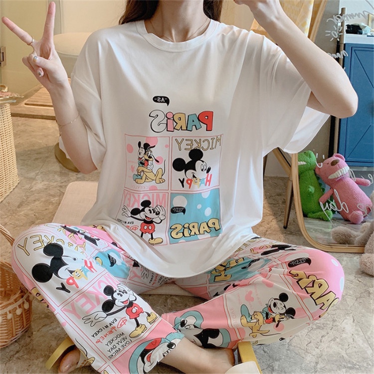 Piyama Oversize Bahan Kaos Lengan Pendek Baju Tidur Wanita pakaian tidur wanita kaos set baju tidur wanita piyama-1