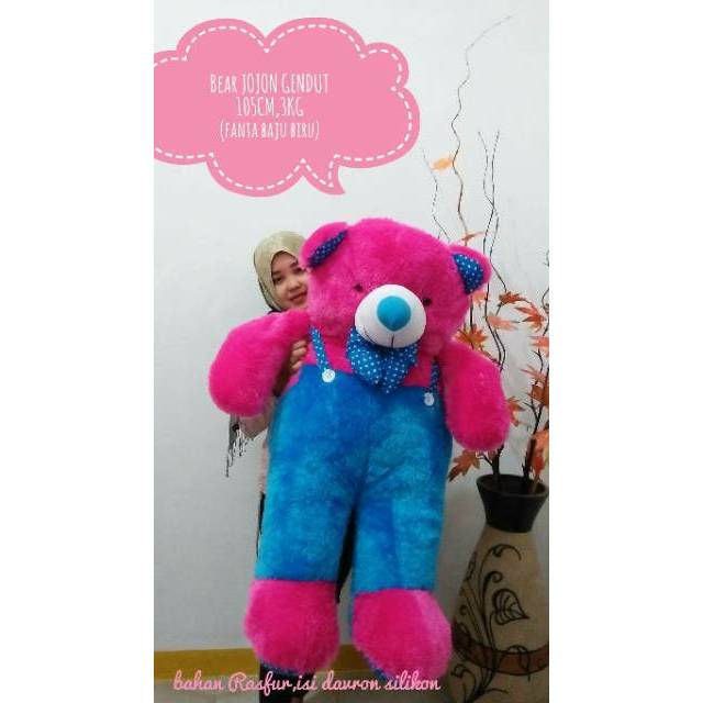 BONEKA BERUANG TEDDY BEAR JOJON SUPER JUMBO PINK FANTA BAJU BIRU CERAH KADO HADIAH PACAR UKIR NAMA