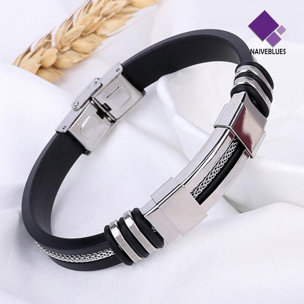 Naiveblue &gt; Gelang Bangle Kawat Stainless Steel + Silikon Lebar Untuk Wanita