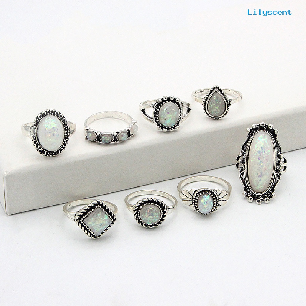 8pcs / Set Cincin Buku Jari Warna Silver Bentuk Kotak Stackable Aksen Permata Imitasi Gaya Etnik Untuk Aksesoris