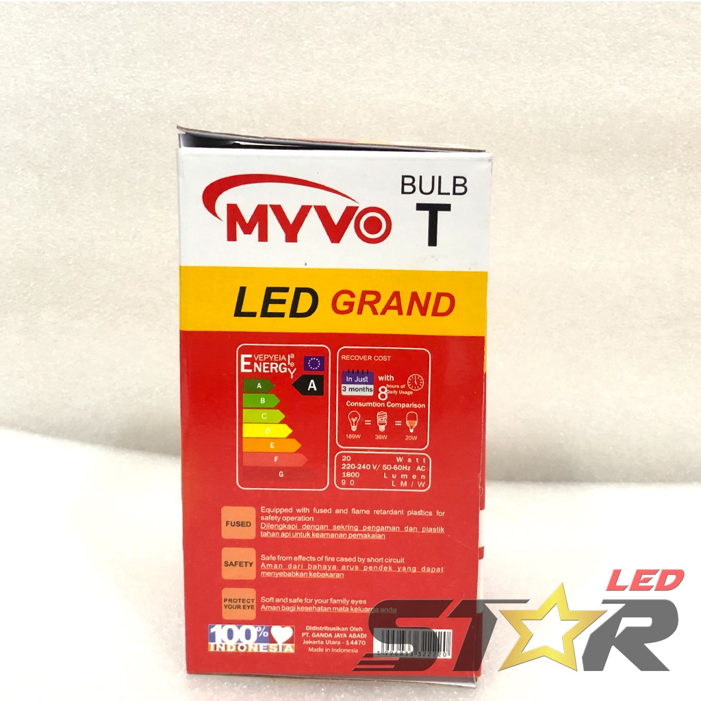 MYVO Grand Bulb T LED 20W Lampu Bohlam Tabung Murah Hemat Energi Irit Listrik Super Terang 20 WATT Warna Putih Star