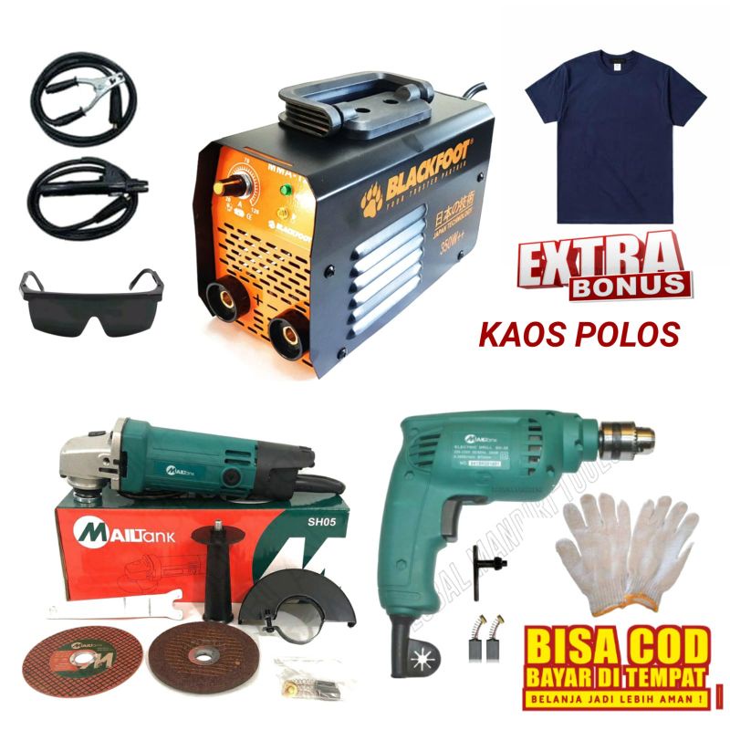 PAKET Mesin Las BLACKFOOT 350watt +Gerinda Mailtank SH05+Bor Mailtank SH30+BONUS Kaos Polos