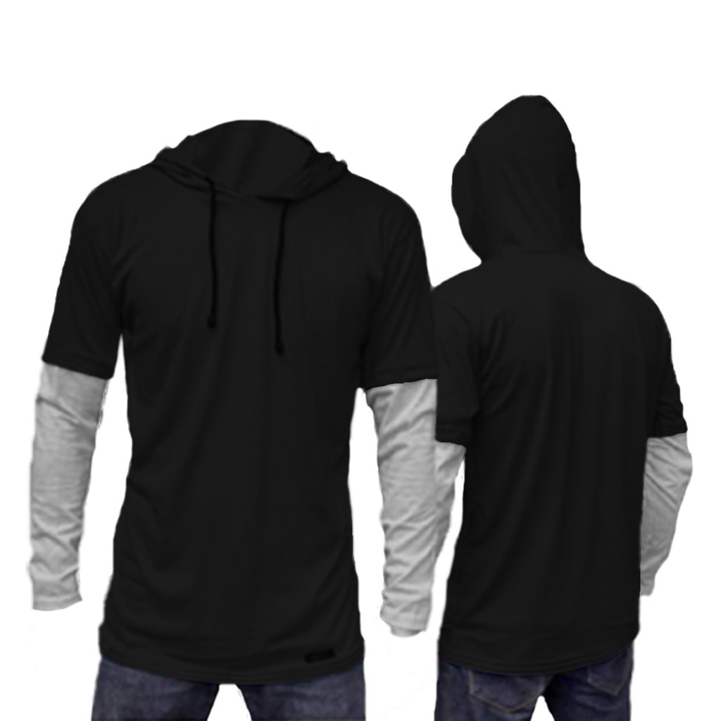 KAOS POLOS HOODIE DOUBLE LAYER LENGAN PANJANG/size m,l,xl /pria/wanita/terlaris /termurah/terbaru/bandung-hitam+abu misty