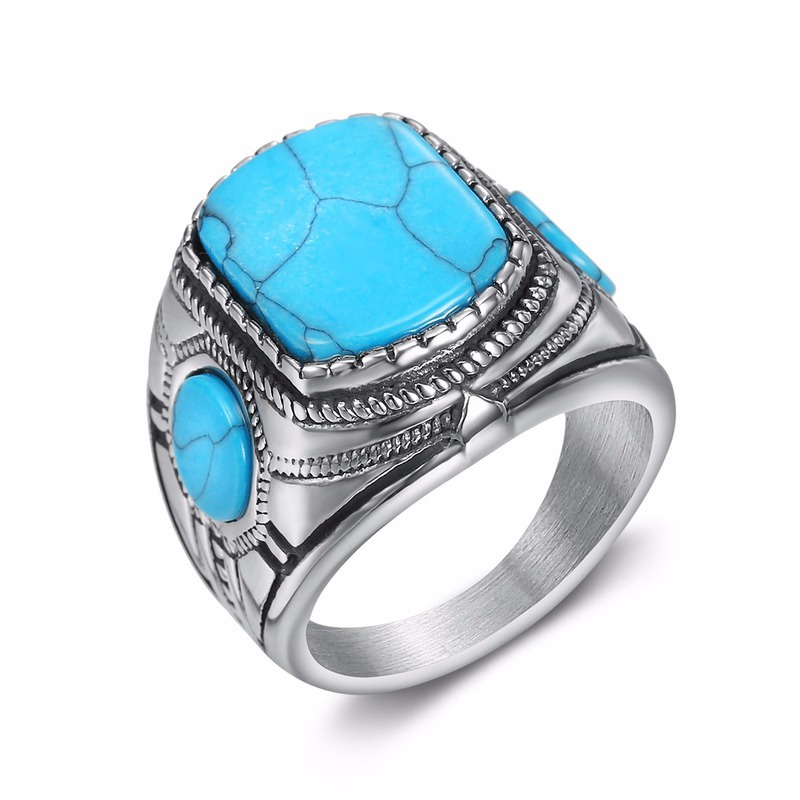 Cincin Turquoise Bahan Stainless Steel Gaya Retro Untuk Pria Suvenir Pernikahan